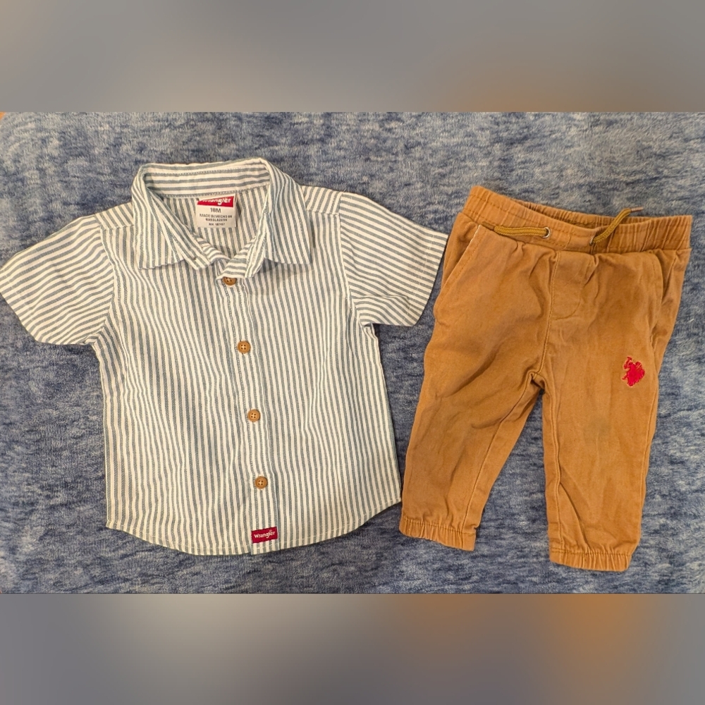 Wrangler 18M Blue and White Striped Button Down Shirt With Khaki Capris